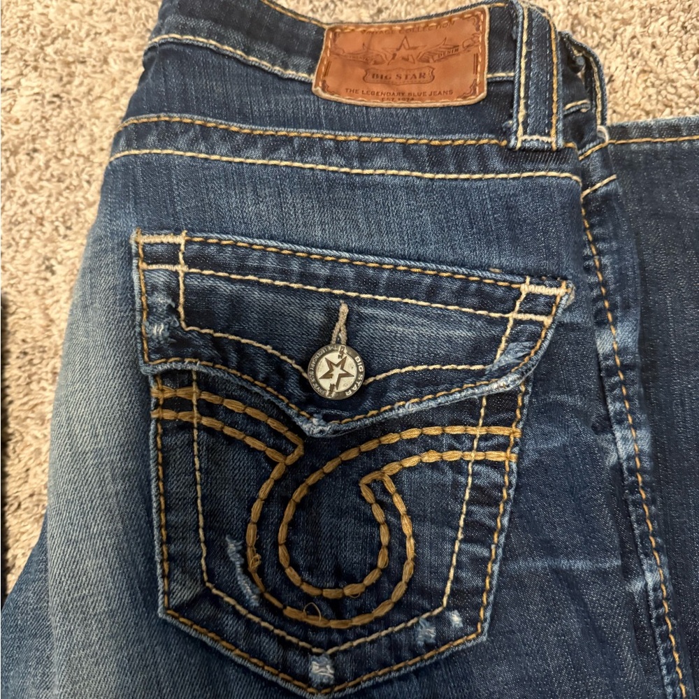 Big Star Blue Boot Cut Jeans with Tan Stitching